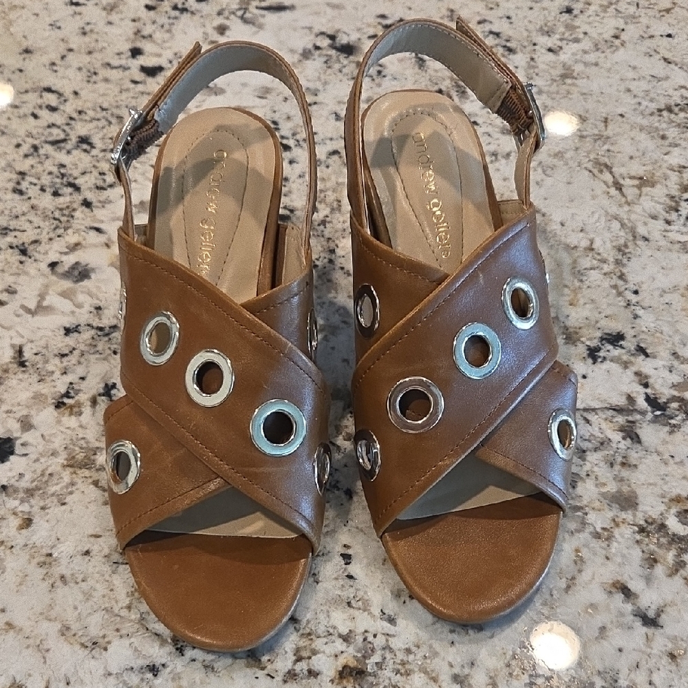 Andrew Geller Brown Silver Sandals with Crisscross Straps